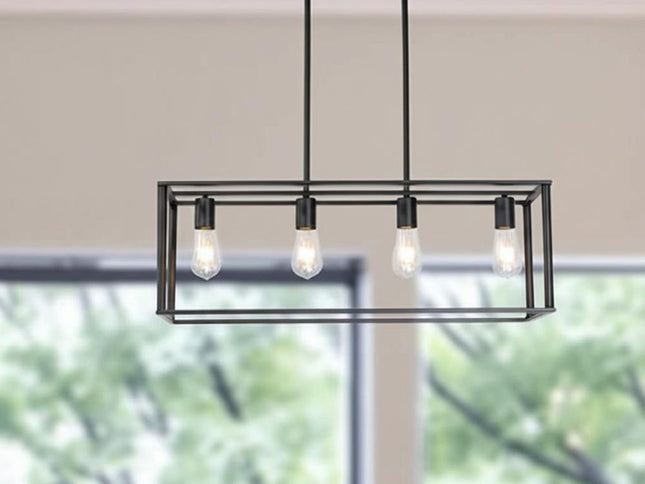 Black Metal Four Light Caged Rectangular Hanging Pendent Light