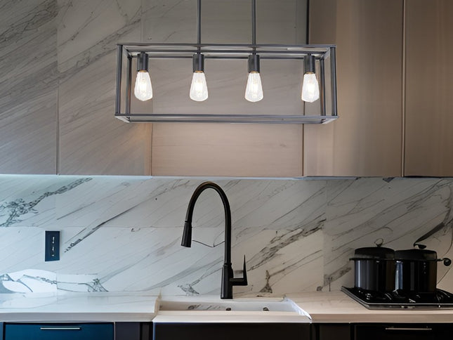 Black Metal Four Light Caged Rectangular Hanging Pendent Light