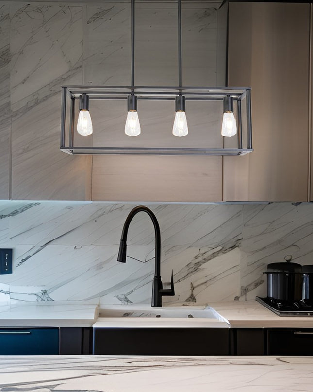 Black Metal Four Light Caged Rectangular Hanging Pendent Light