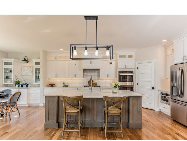 Black Metal Four Light Caged Rectangular Hanging Pendent Light