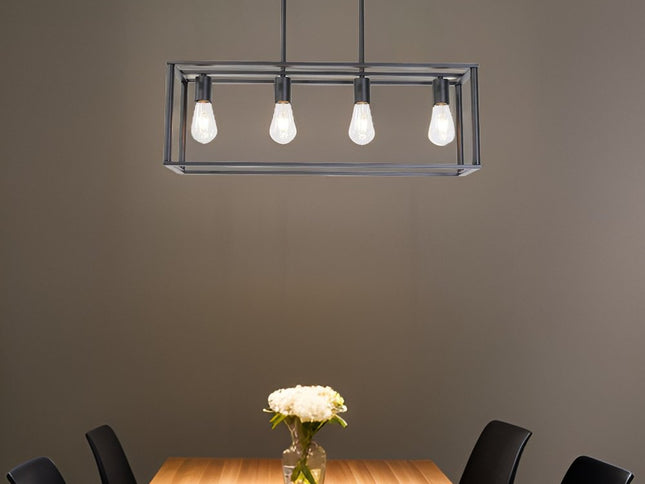 Black Metal Four Light Caged Rectangular Hanging Pendent Light