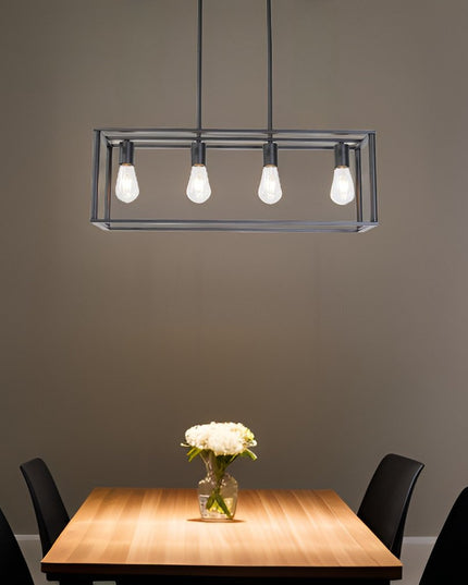 Black Metal Four Light Caged Rectangular Hanging Pendent Light