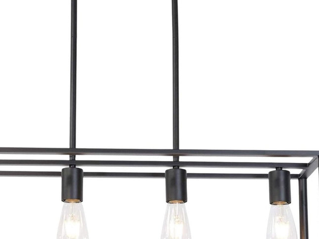 Black Metal Four Light Caged Rectangular Hanging Pendent Light