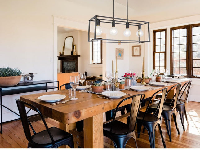 Black Metal Four Light Caged Rectangular Hanging Pendent Light