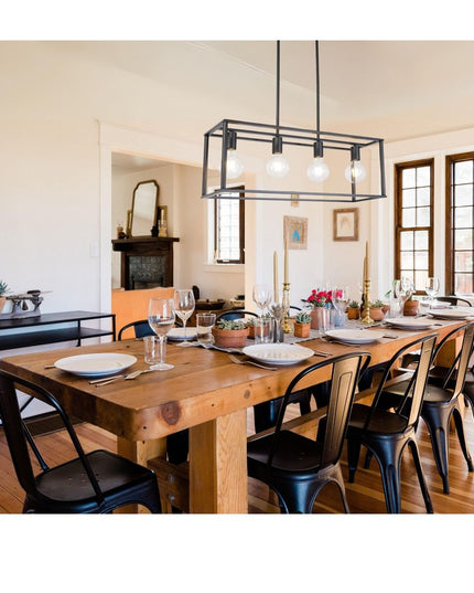 Black Metal Four Light Caged Rectangular Hanging Pendent Light