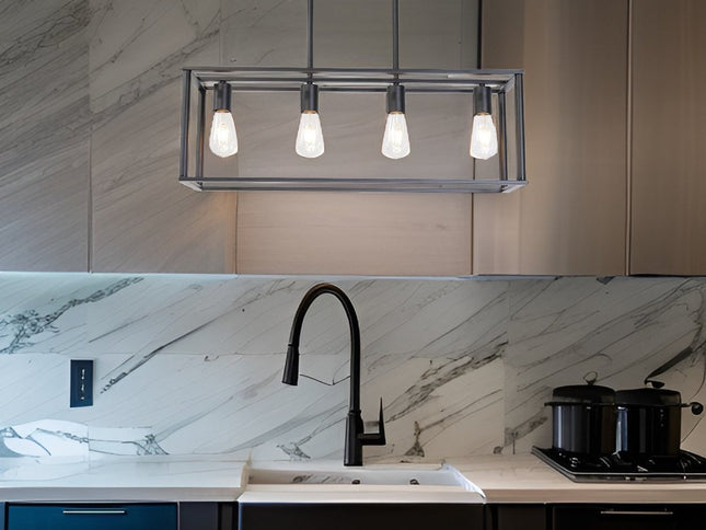 Black Metal Four Light Caged Rectangular Hanging Pendent Light