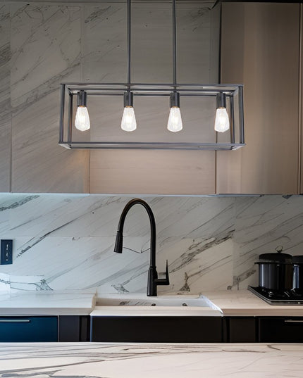 Black Metal Four Light Caged Rectangular Hanging Pendent Light