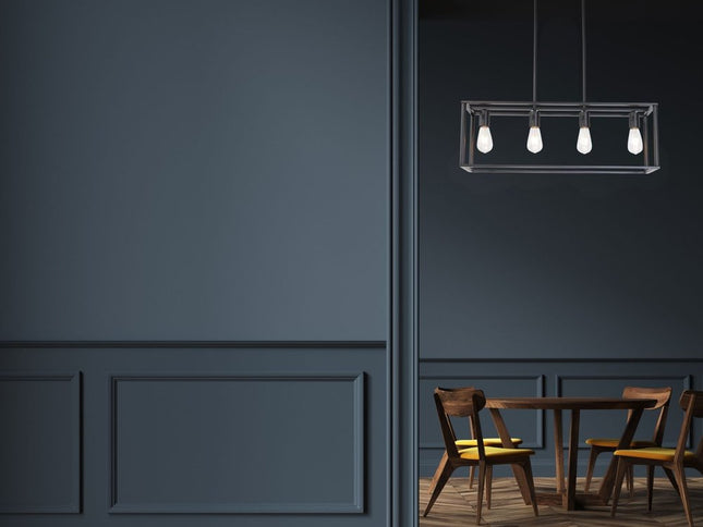 Black Metal Four Light Caged Rectangular Hanging Pendent Light