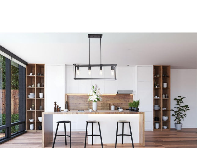 Black Metal Four Light Caged Rectangular Hanging Pendent Light