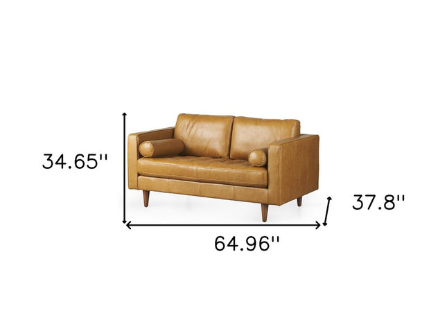 65" Tan Leather Sofa With Brown Legs