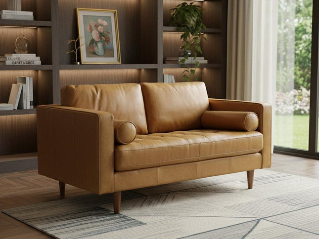 65" Tan Leather Sofa With Brown Legs