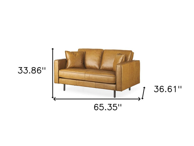 65" Tan Leather Sofa With Brown Legs