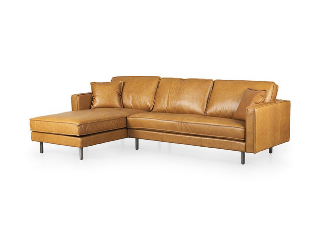 Tan Genuine Leather L Shaped Sofa and Chaise Sectional With Toss Pillows