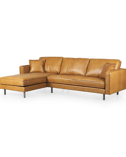 Tan Genuine Leather L Shaped Sofa and Chaise Sectional With Toss Pillows