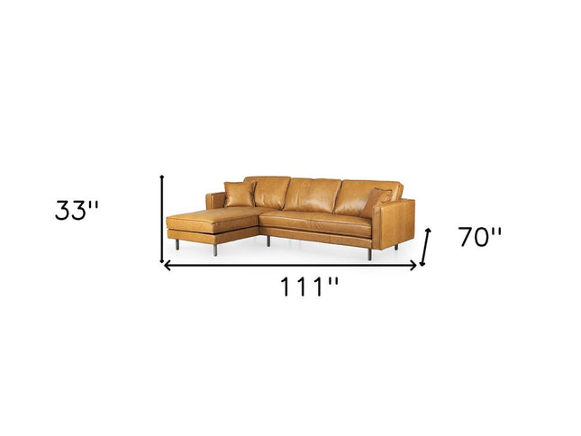 Tan Genuine Leather L Shaped Sofa and Chaise Sectional With Toss Pillows