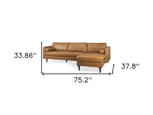 Tan Genuine Leather L Shaped Sofa and Chaise Sectional With Toss Pillows