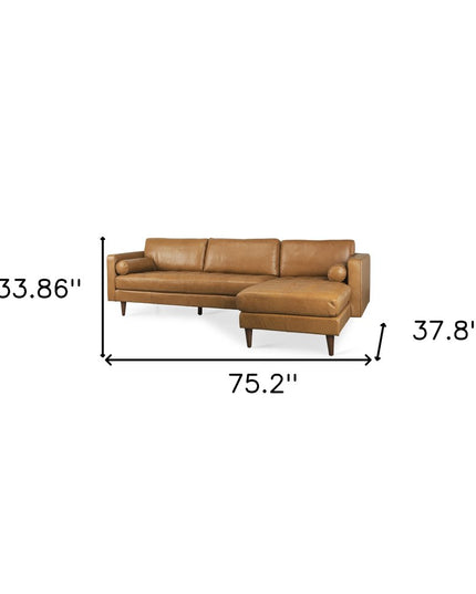 Tan Genuine Leather L Shaped Sofa and Chaise Sectional With Toss Pillows