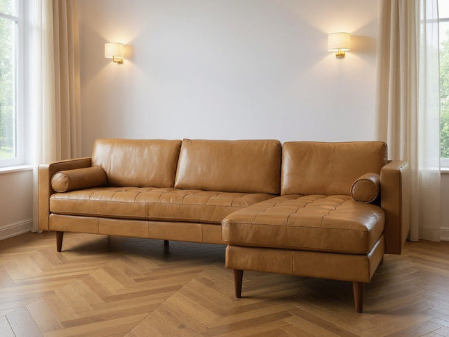 Tan Genuine Leather L Shaped Sofa and Chaise Sectional With Toss Pillows