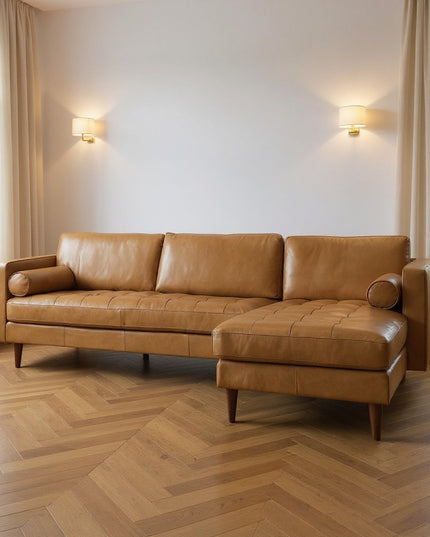 Tan Genuine Leather L Shaped Sofa and Chaise Sectional With Toss Pillows