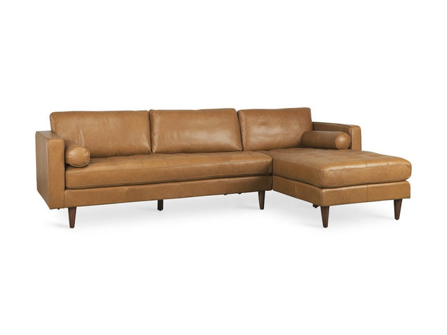 Tan Genuine Leather L Shaped Sofa and Chaise Sectional With Toss Pillows