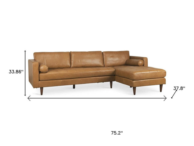 Tan Genuine Leather L Shaped Sofa and Chaise Sectional With Toss Pillows
