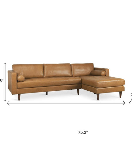Tan Genuine Leather L Shaped Sofa and Chaise Sectional With Toss Pillows