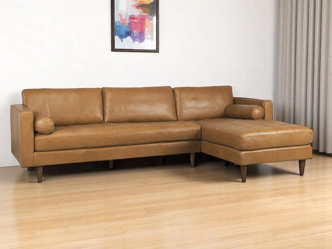Tan Genuine Leather L Shaped Sofa and Chaise Sectional With Toss Pillows