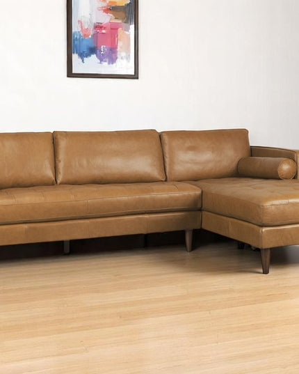 Tan Genuine Leather L Shaped Sofa and Chaise Sectional With Toss Pillows