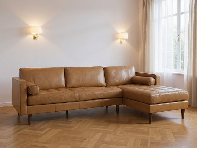 Tan Genuine Leather L Shaped Sofa and Chaise Sectional With Toss Pillows
