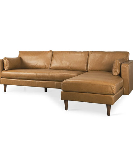 Tan Genuine Leather L Shaped Sofa and Chaise Sectional With Toss Pillows