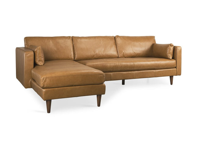 Tan Genuine Leather L Shaped Sofa and Chaise Sectional With Toss Pillows