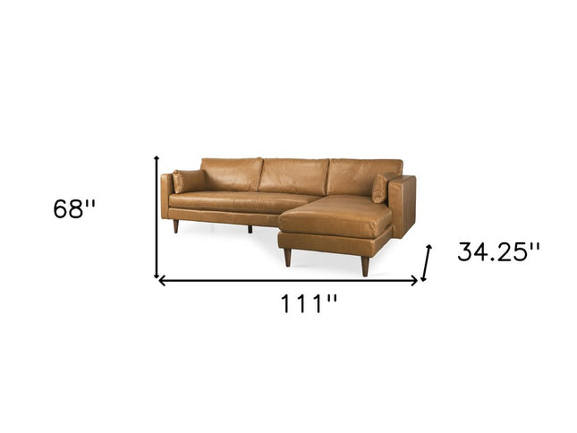 Tan Genuine Leather L Shaped Sofa and Chaise Sectional With Toss Pillows