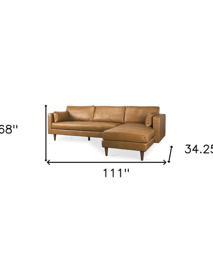Tan Genuine Leather L Shaped Sofa and Chaise Sectional With Toss Pillows