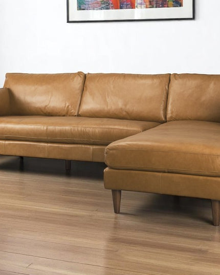 Tan Genuine Leather L Shaped Sofa and Chaise Sectional With Toss Pillows