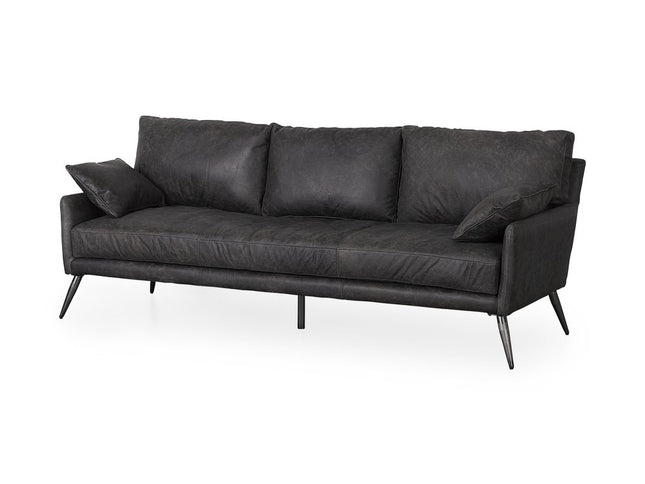 82" Black Leather Sofa With Toss Pillows