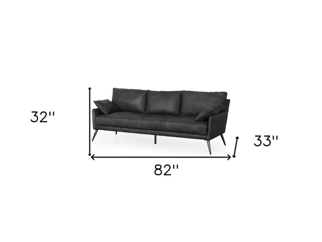 82" Black Leather Sofa With Toss Pillows