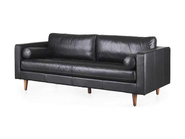88" Black Leather Sofa And Toss Pillows With Brown Legs