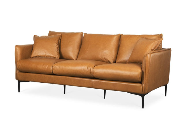 86" Tan Leather Sofa And Toss Pillows With Black Legs