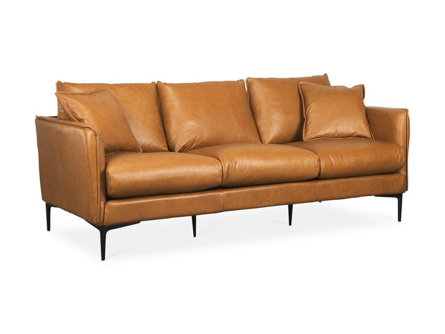 86" Tan Leather Sofa And Toss Pillows With Black Legs