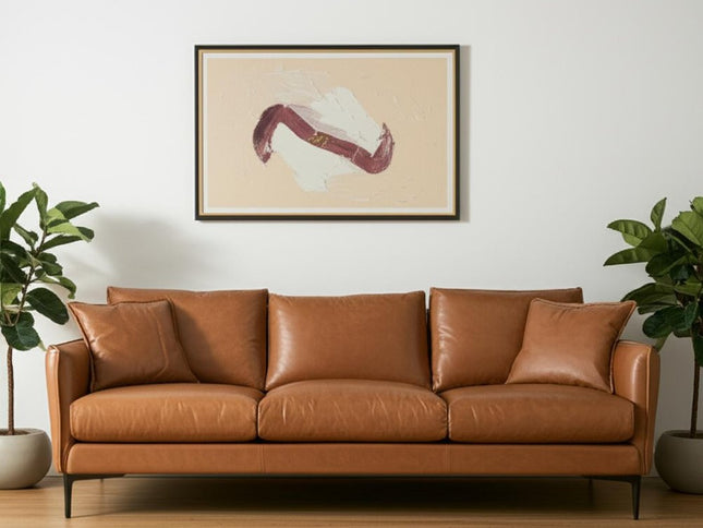 86" Tan Leather Sofa And Toss Pillows With Black Legs