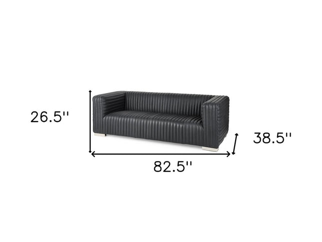 83" Black Leather Sofa With Silver Legs