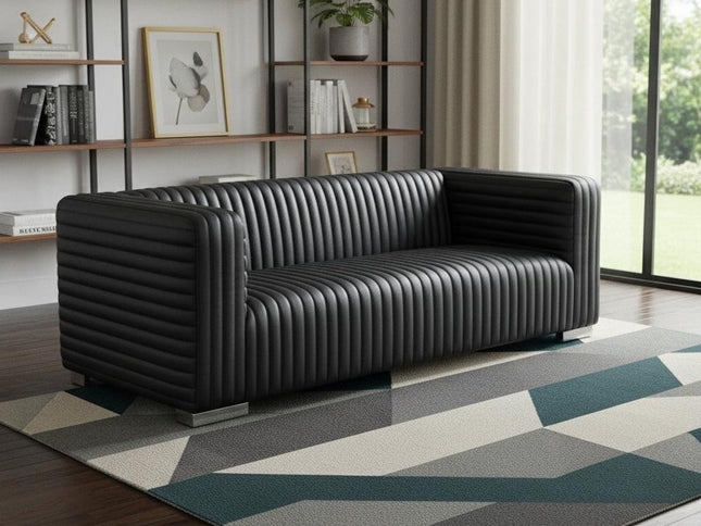 83" Black Leather Sofa With Silver Legs