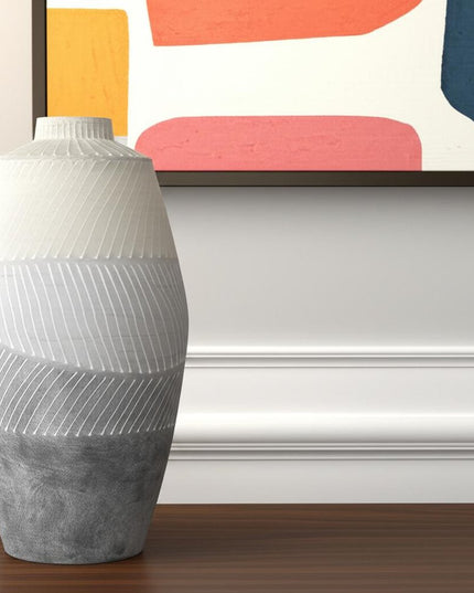 17" Cream And Gray Geometric Ceramic Table Vase