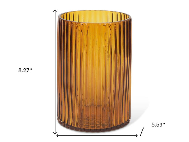 8" Amber Cylinder Ribbed Glass Table Vase
