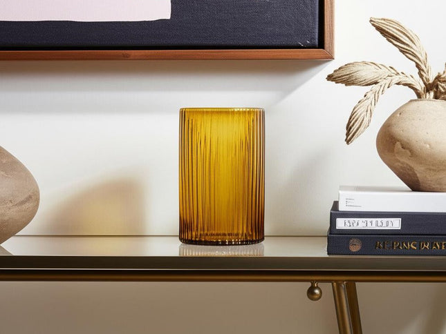8" Amber Cylinder Ribbed Glass Table Vase