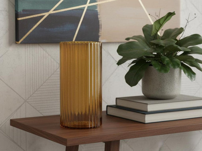 11" Amber Glass Ribbed Cylinder Table Vase