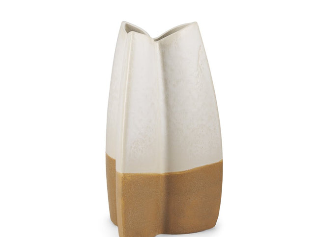 14" Cream And Beige Color Block Ceramic Table Vase