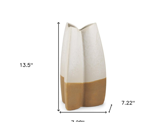 14" Cream And Beige Color Block Ceramic Table Vase