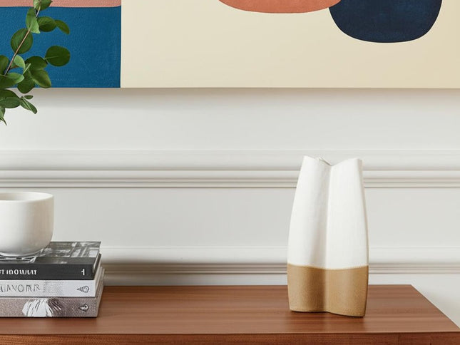 14" Cream And Beige Color Block Ceramic Table Vase