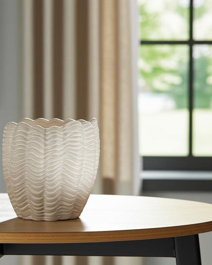 11" Cream Ceramic Sculptural Waves Table Vase